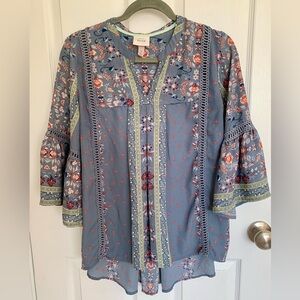 Knox Rose blue floral blouse bell sleeves and eyelet detail